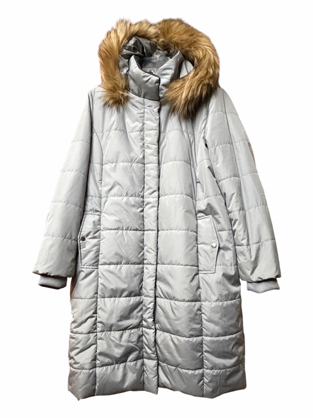 Roaman's Women's Long Quilted Puffer Coat Faux Fur Trim Gray Size M 14/16